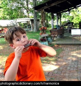 Photo of a boy playing a harmonica