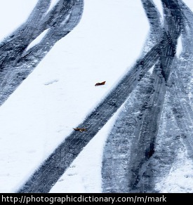 Tire marks in the snow.