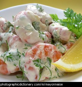 Photo of prawns covered in mayonnaise