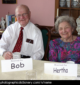 Photo of people with name tags