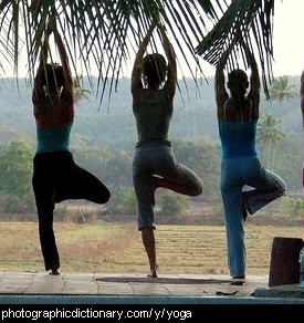 Photo of three woman doing yoga exercises.