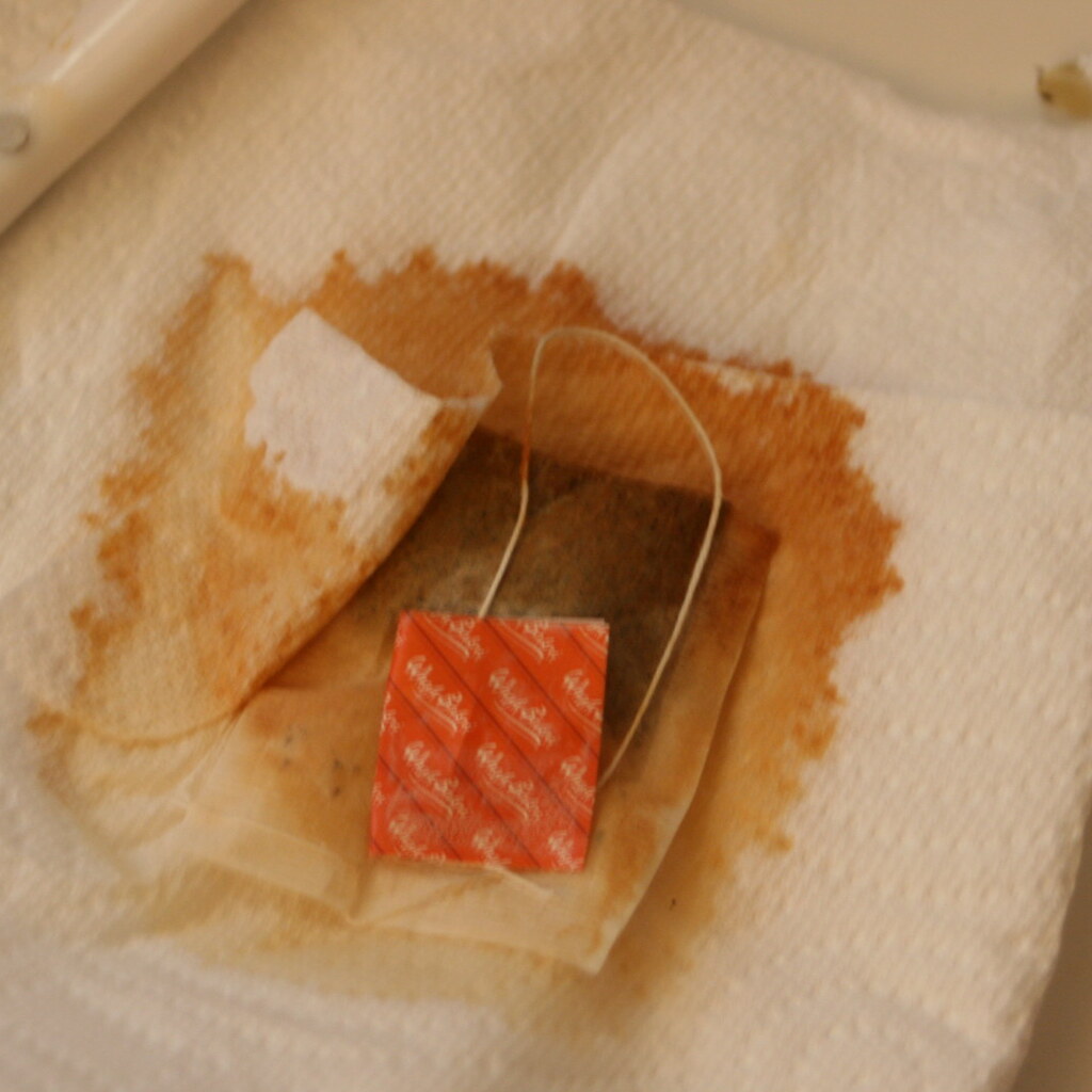 Photo of paper towel soaking stain from a teabag