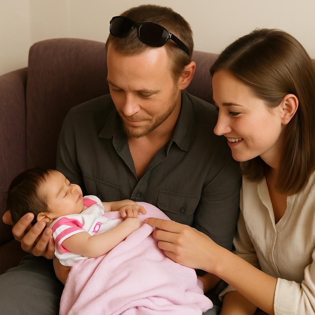 Parents admire their baby.