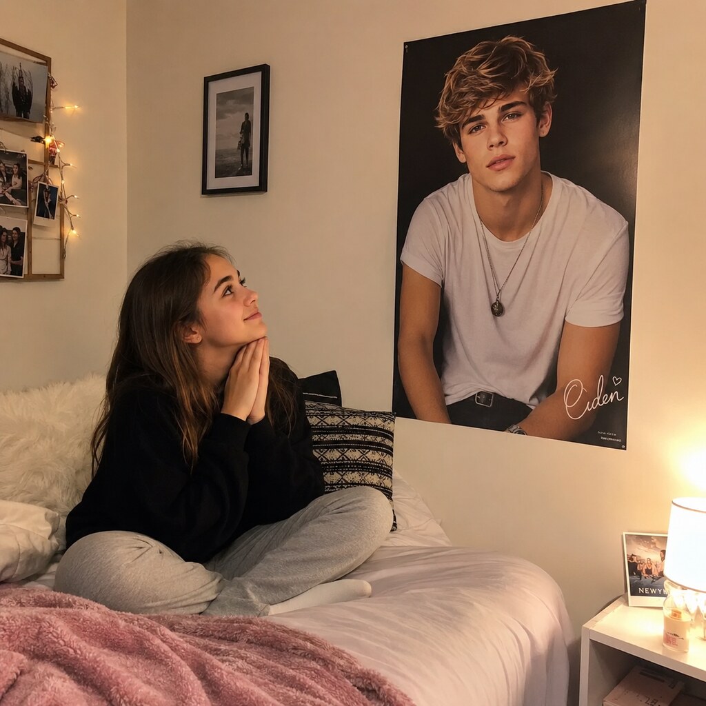 Generated image of a teenage girl adoring a pop star