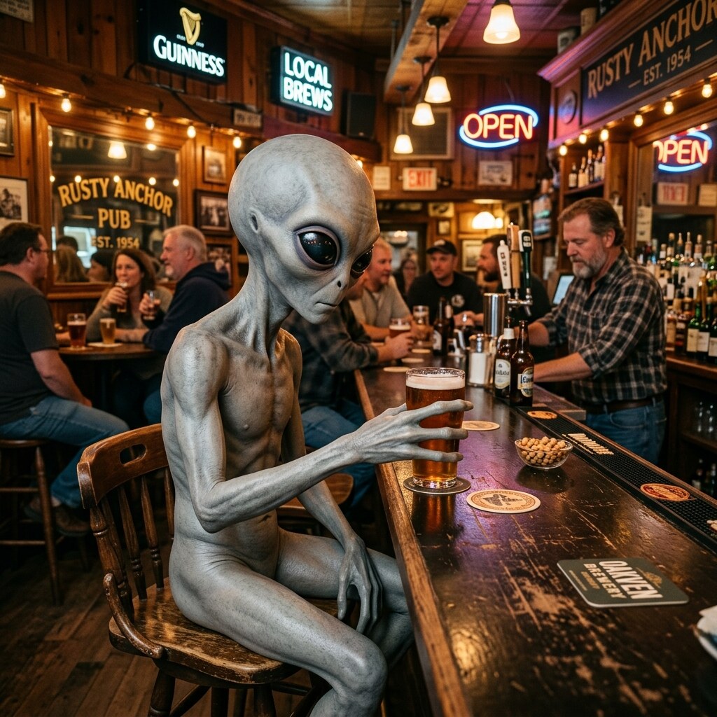 Generated image of an alien at a bar