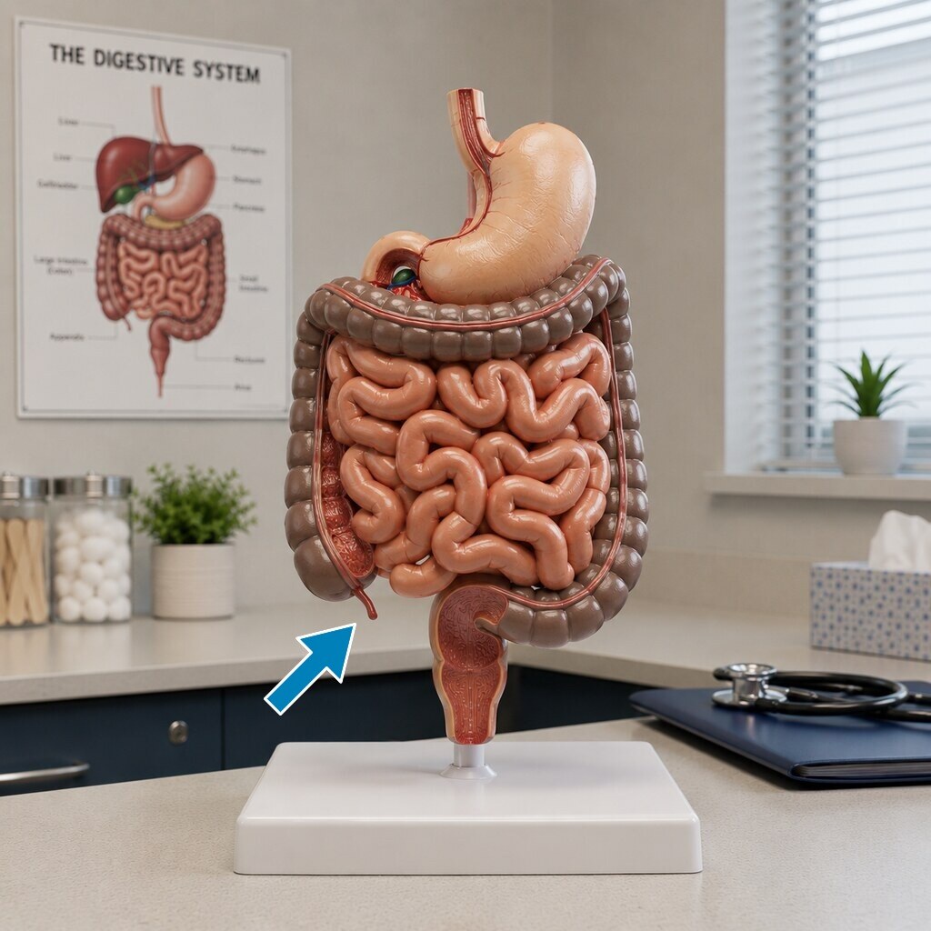 Generated image of the digestive tract highlighting the appendix