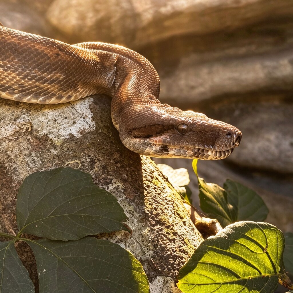 A photo of a red-tailed boa constrictor resting on a tree branch among leaves.