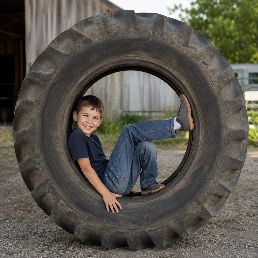 Generated image of a boy in a tractor tyre