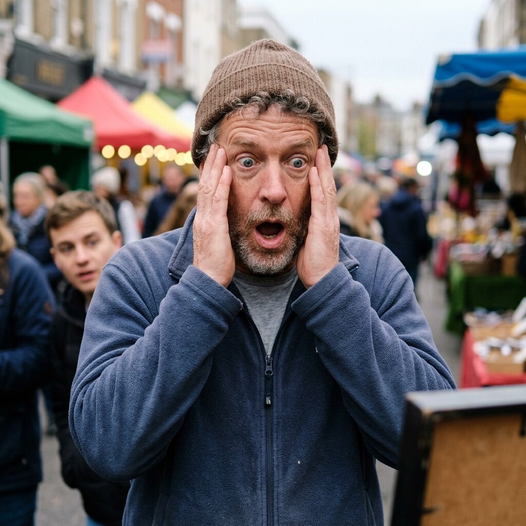 Generated image of a man boggling at a sign