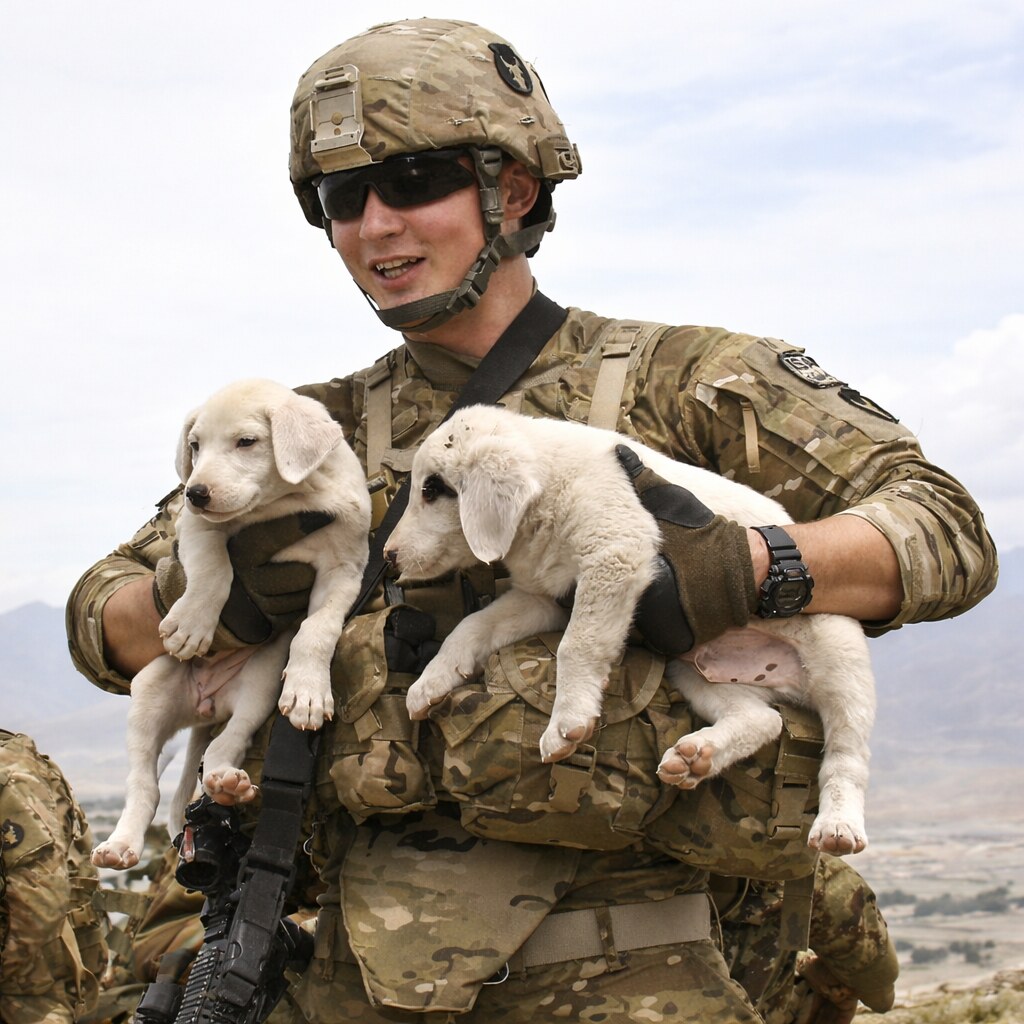 Photo of a soldier holding two puppies