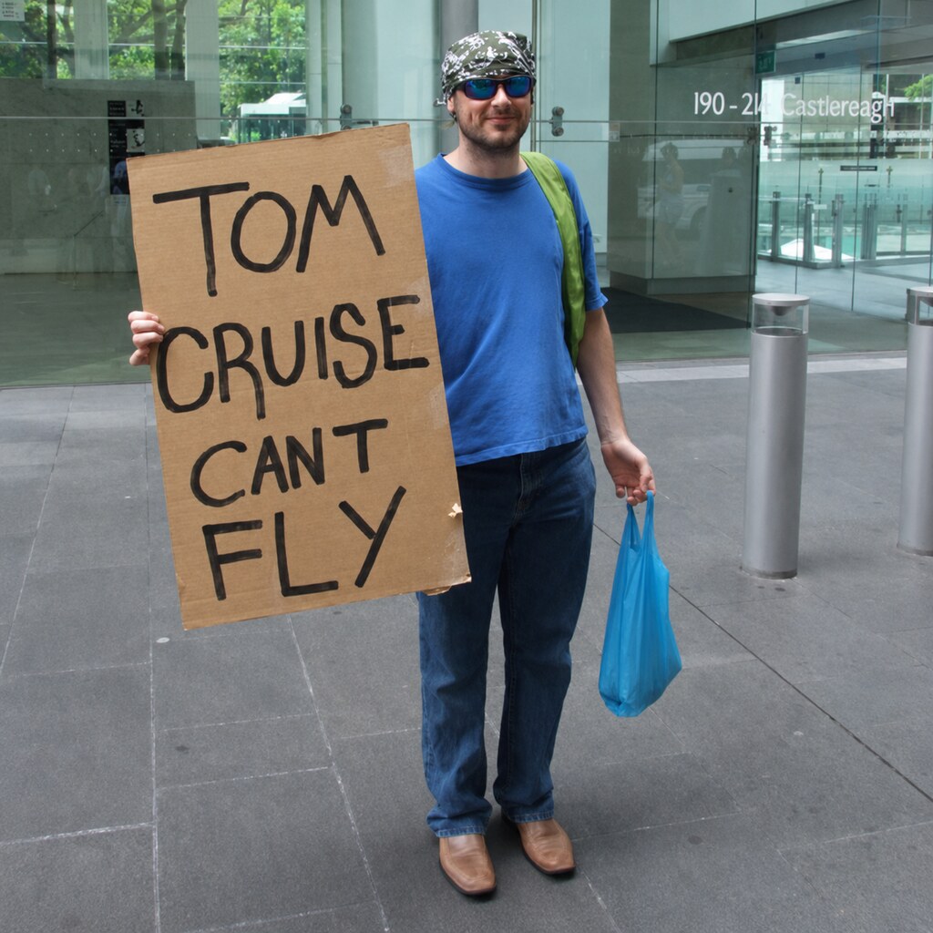 Photo of a sign that says Tom Cruise Can't Fly