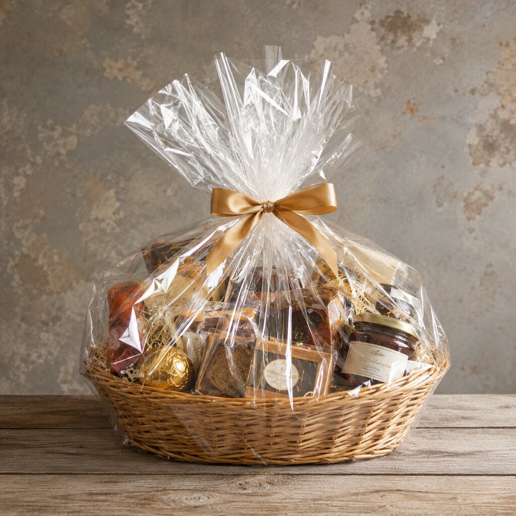 Generated image of a gift basket wrapped in cellophane