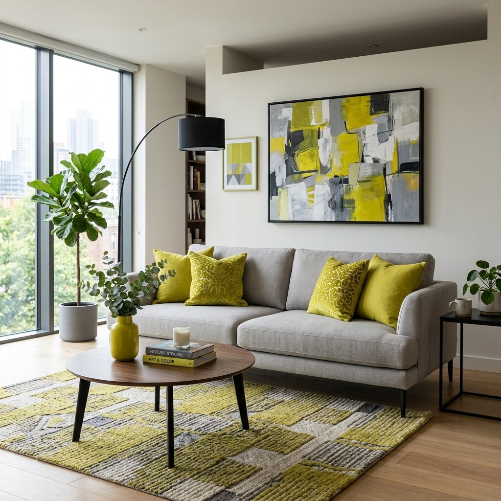 Generated image of a chartreuse accented living room