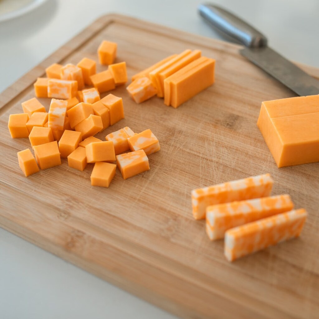 A photo of cheddar cheese cut into cubes and slices on a wooden board.