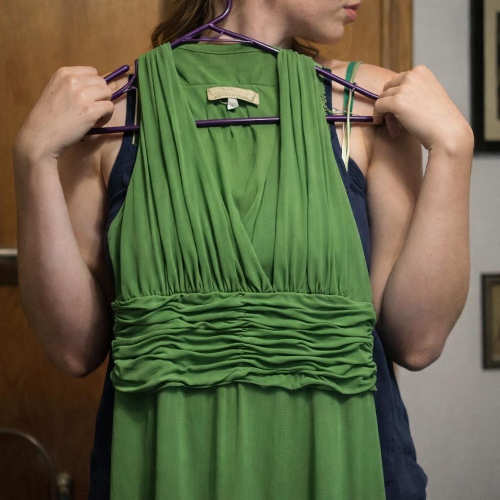 A woman about to put a dress on