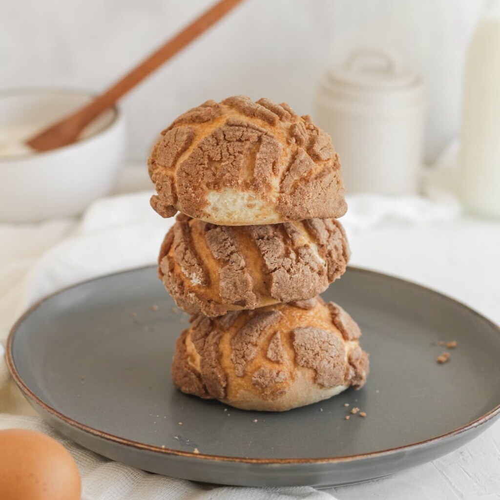 A photo of three Mexican concha sweet breads stacked on a plate.