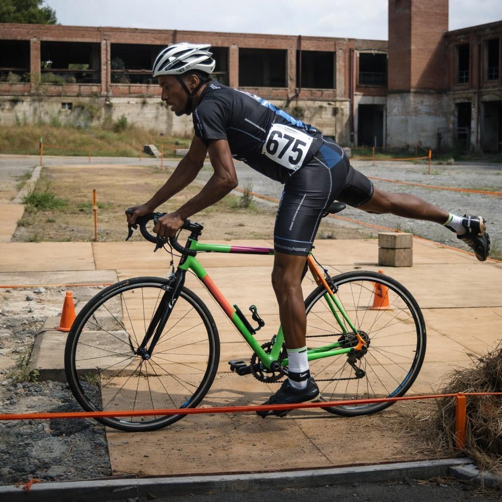 Photo of a man dismounting a bicycle