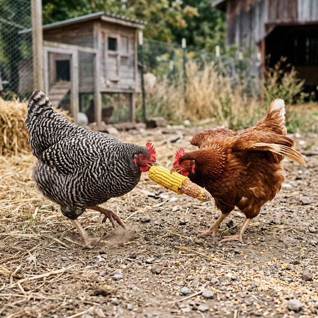 Generated image of two chickens in a dispute over corn