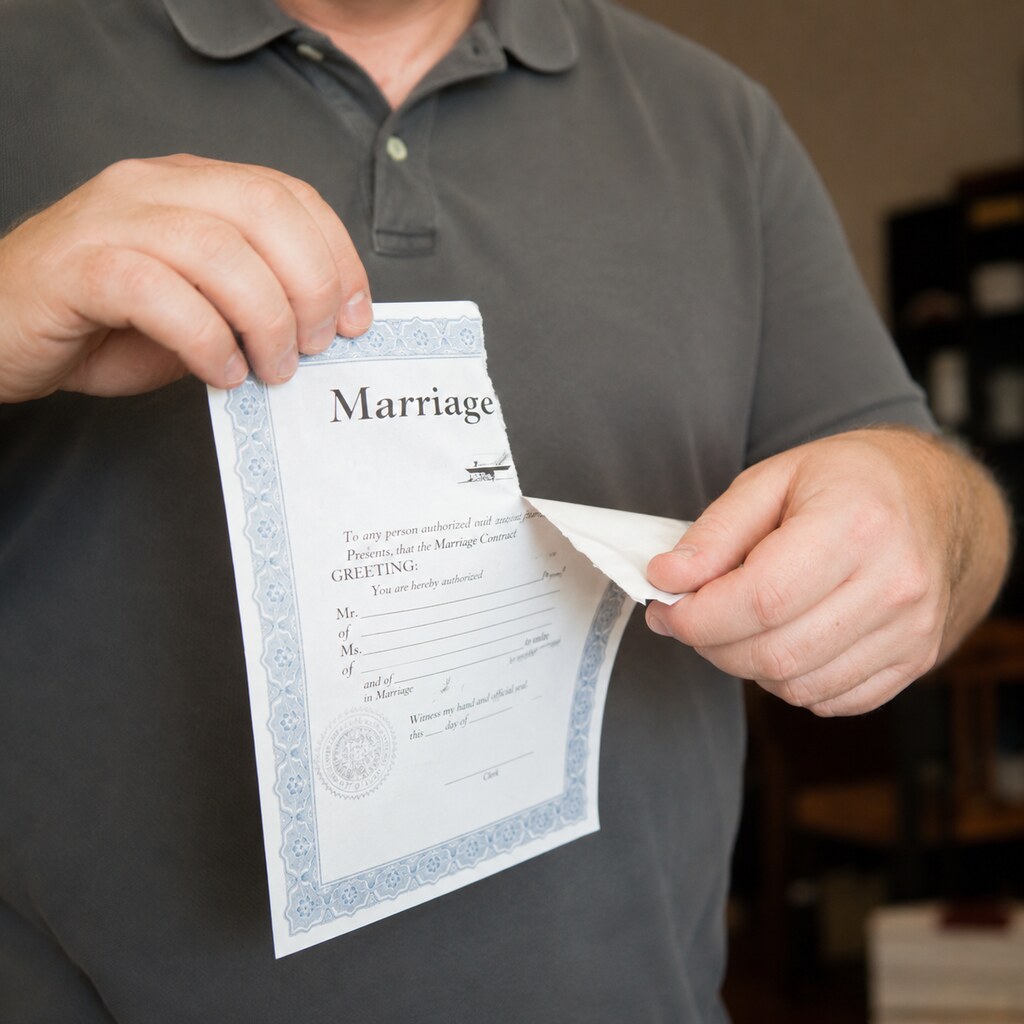 Photo of a man tearing up a marriage certificate