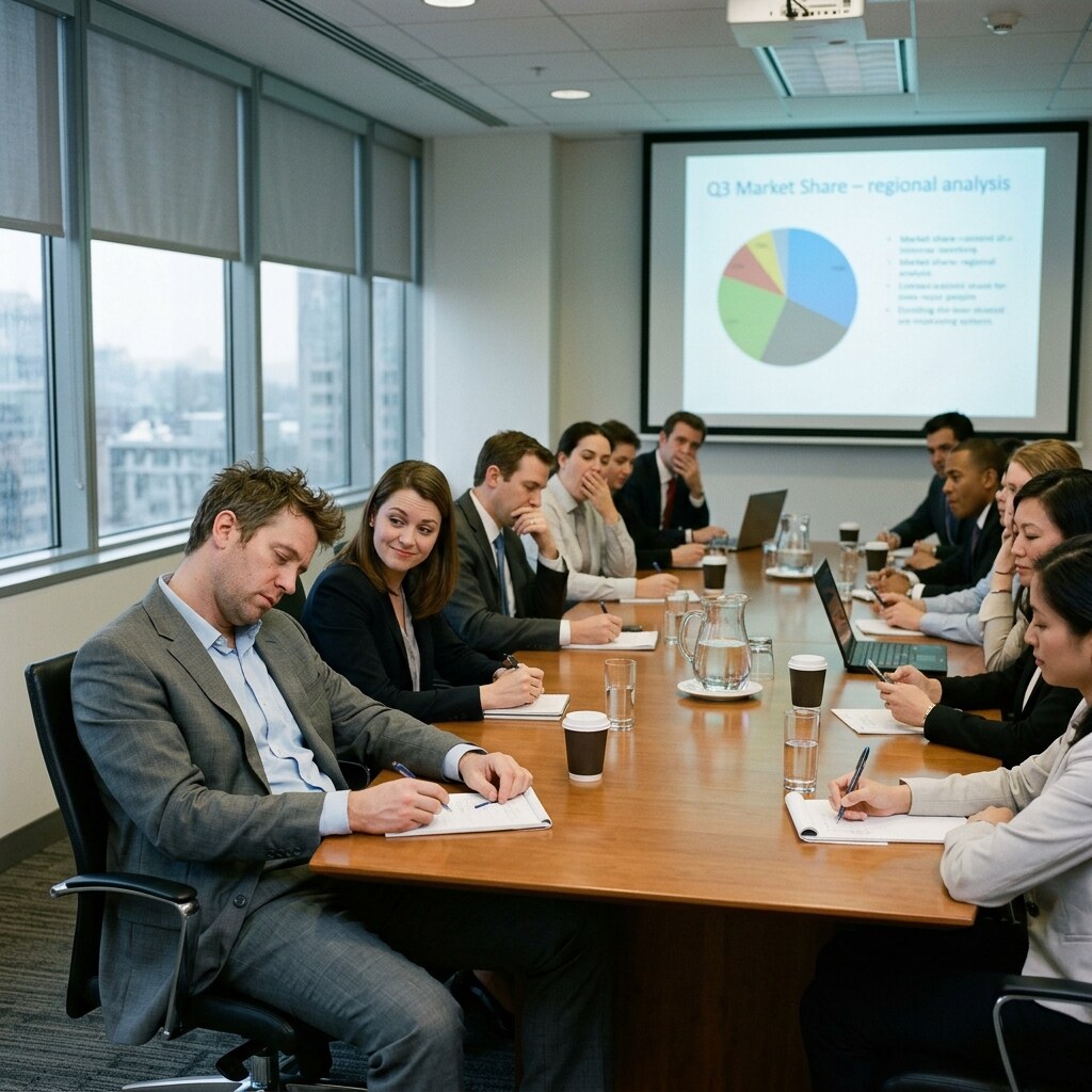 Generated image of people falling asleep in a meeting