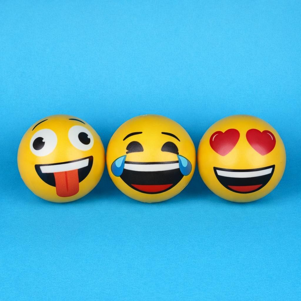 A photo of three yellow emoji balls with playful, laughing, and heart-eye faces on a blue background.