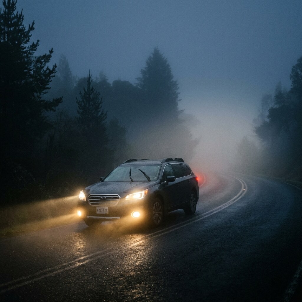 Generated image of a car driving with fog lights on
