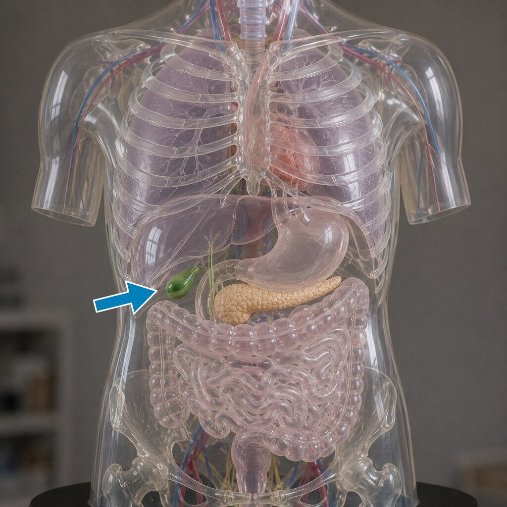 Generated image of an anatomical model indicating the gallbladder