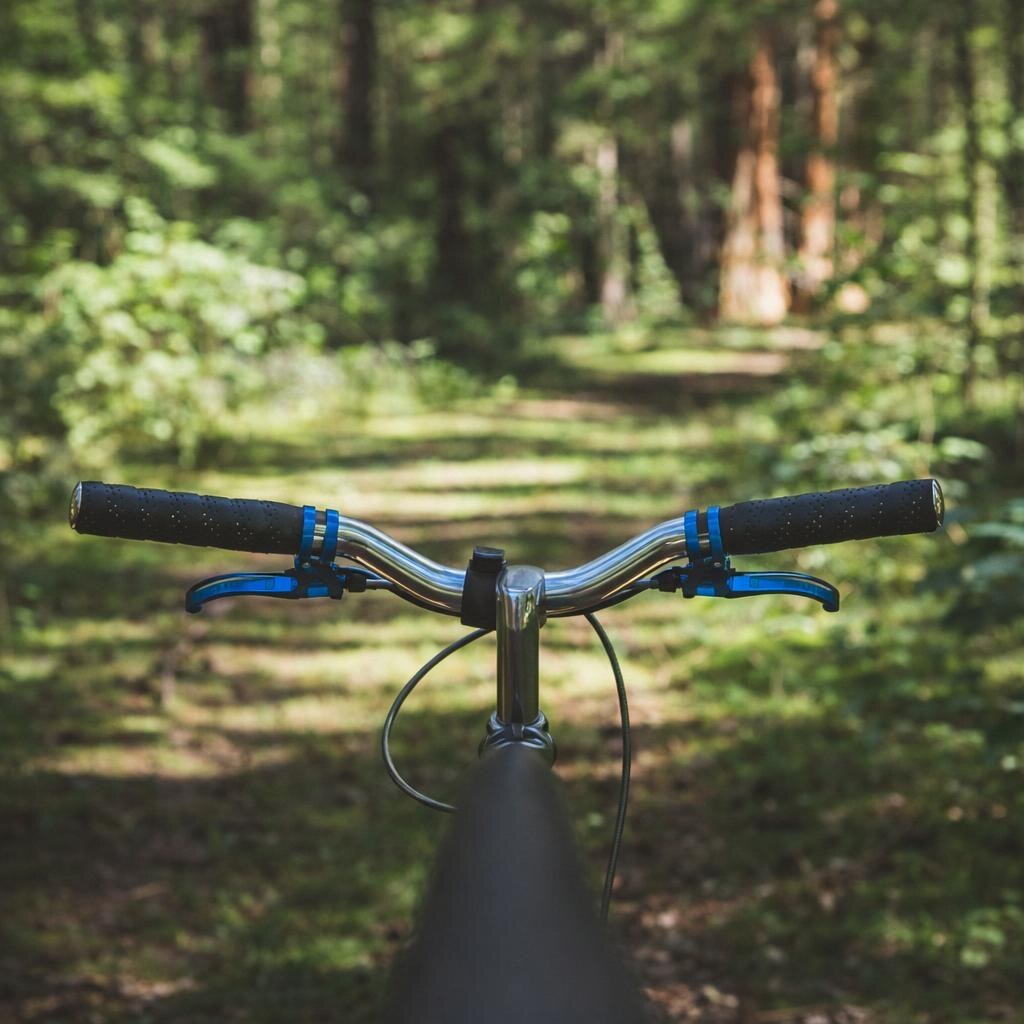 A photo of bicycle handlebars viewed from the rider's perspective on a forest trail