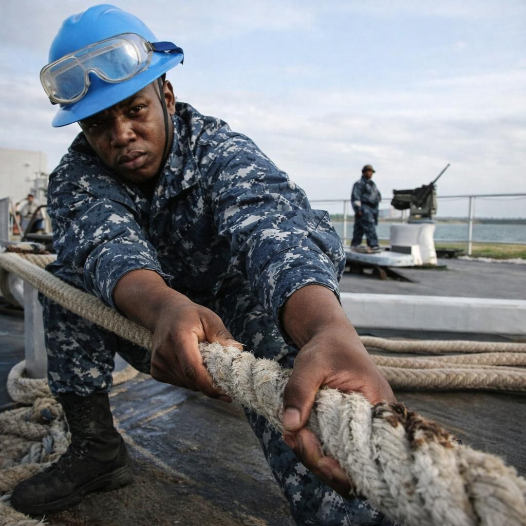 Photo of a sailor heaving a rope
