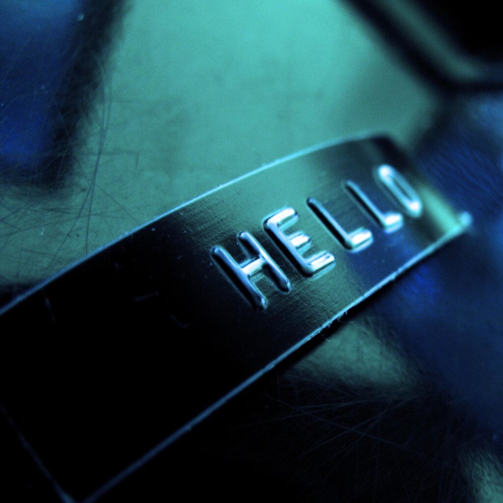 Photo of a stamp that reads hello