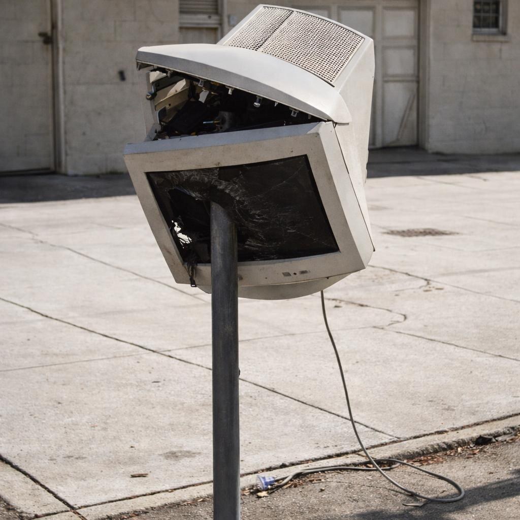 Photo of a monitor impaled on a post