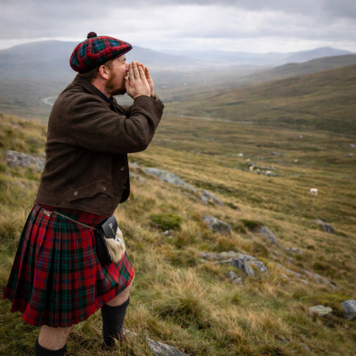 Generated image of a Scot shouting over a moor