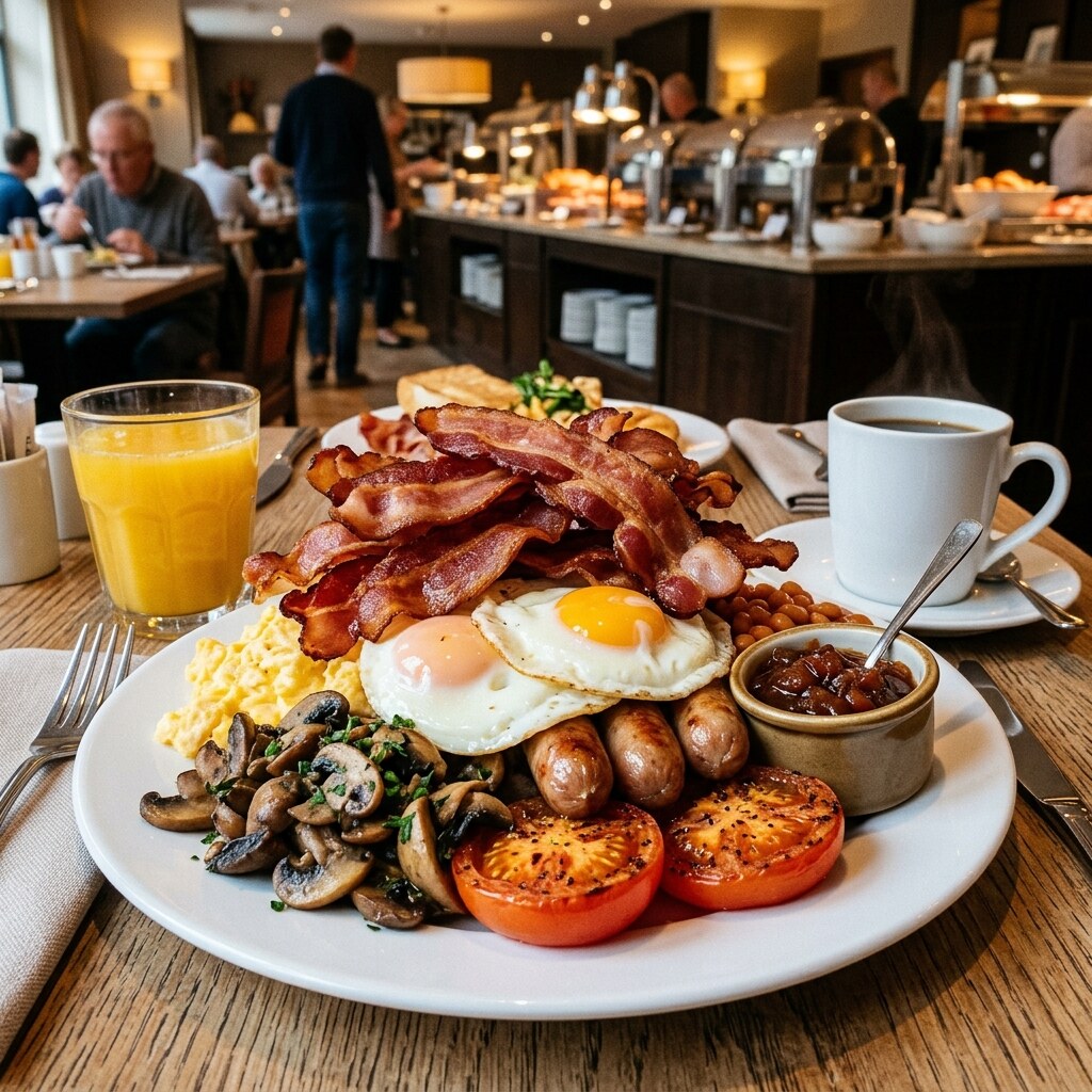 Generated image of a piled up breakfast plate