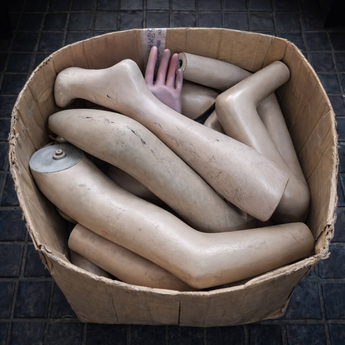 Altered image of a box of arms and legs