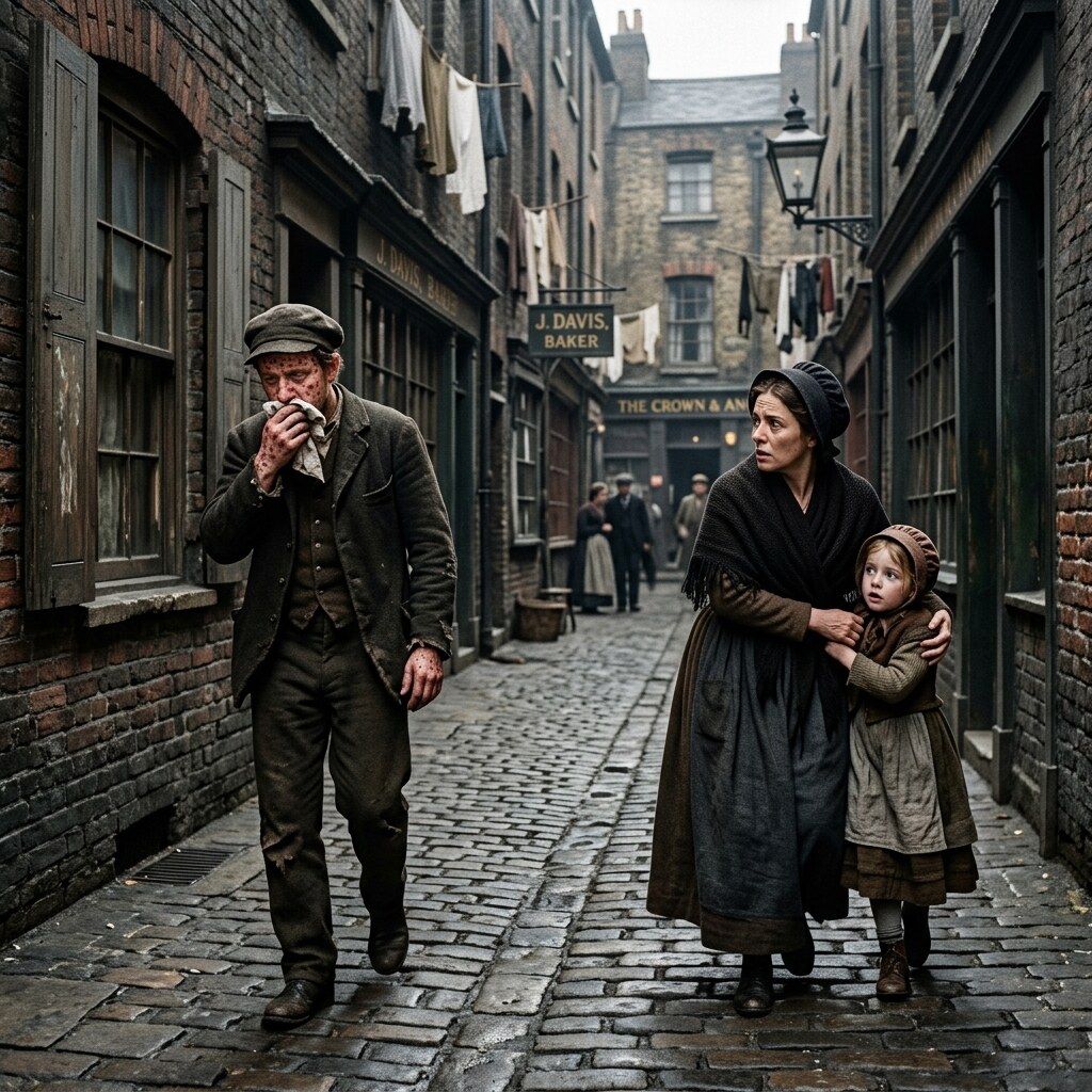 Generated image of a woman and child avoiding a sick man