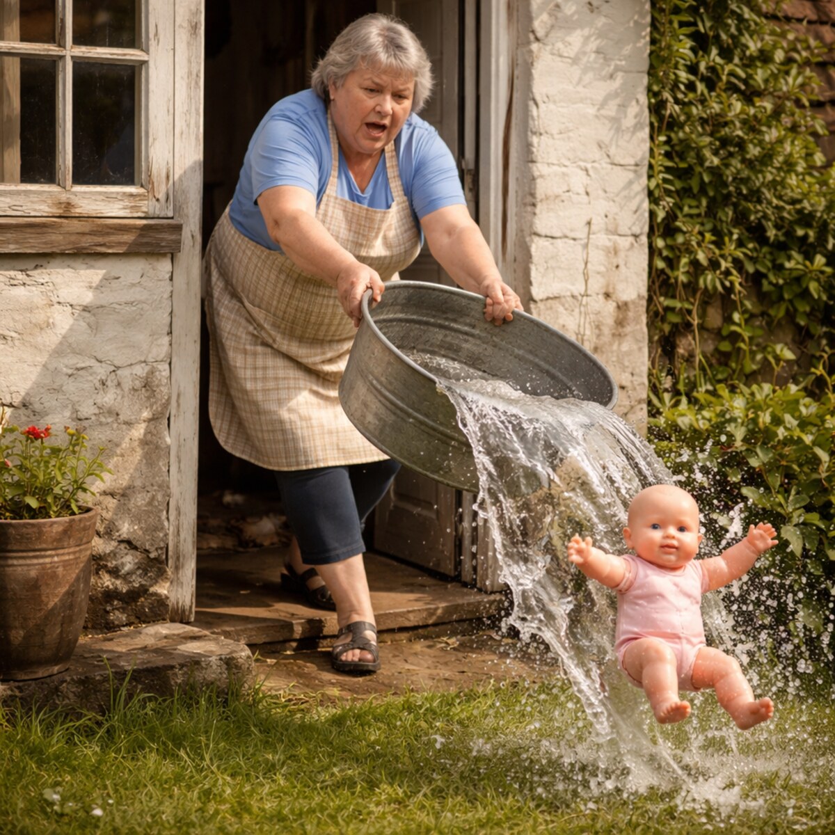 Generated image of a baby doll being thrown out with the bathwater