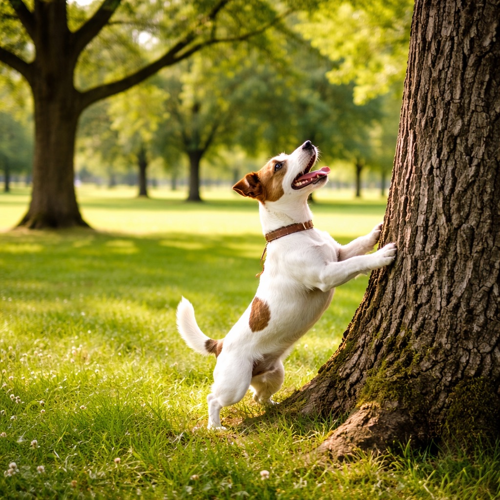 A dog barking at the base of a tree