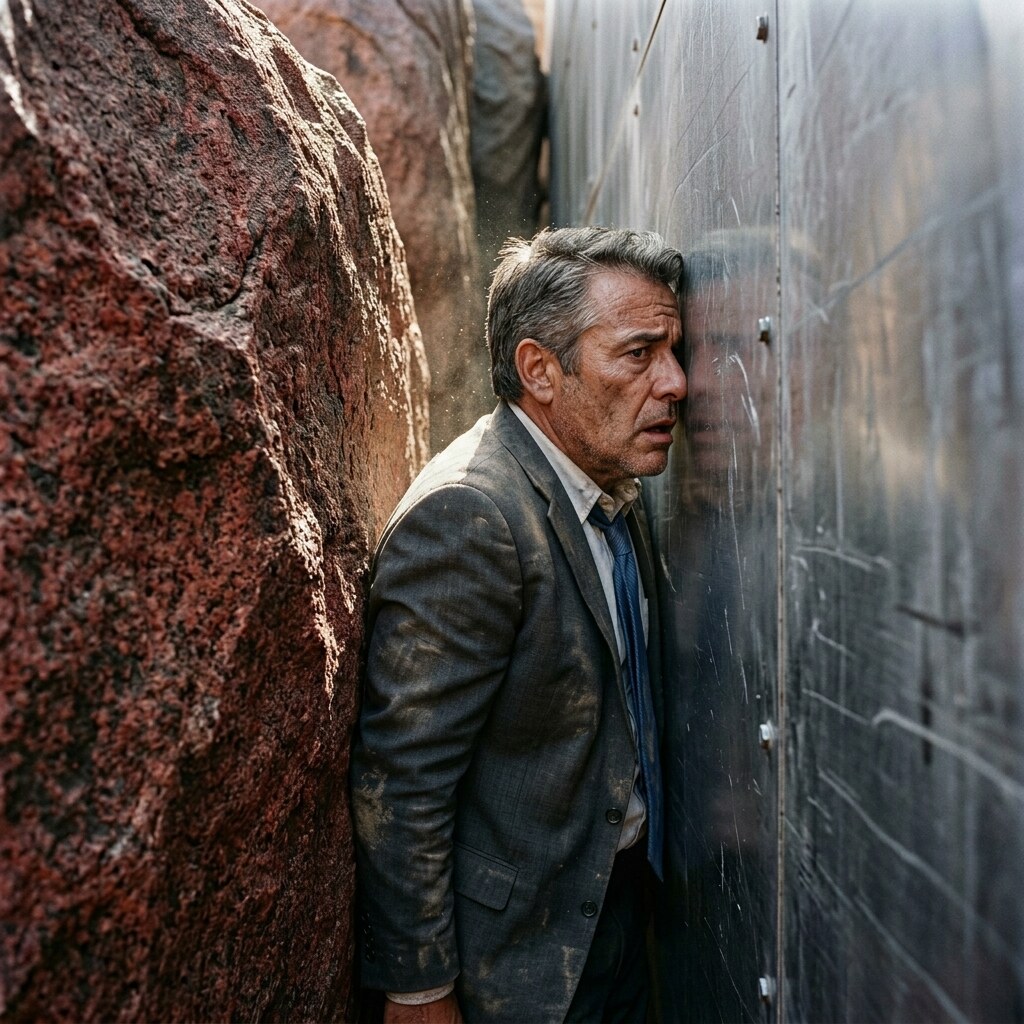 Generated image of a man between a rock and a hard place