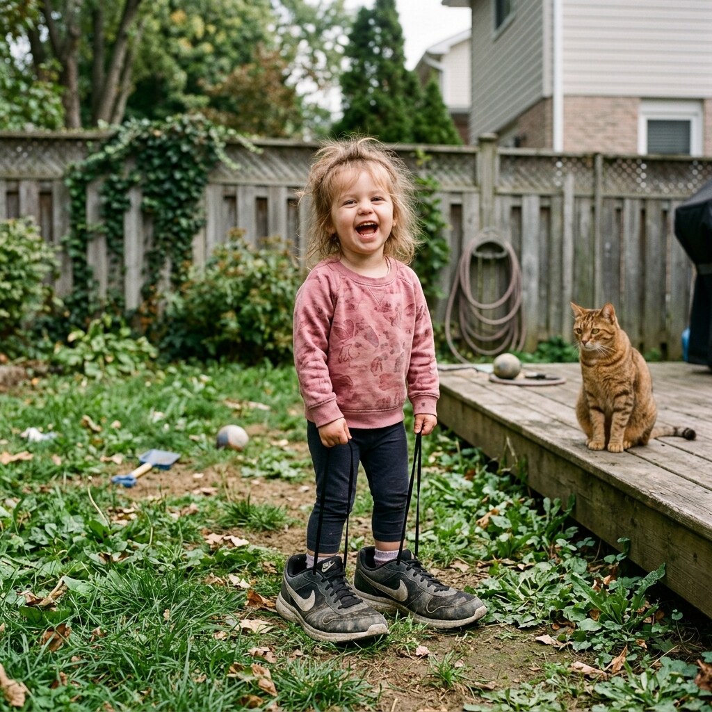 Generated image of a small child in big shoes