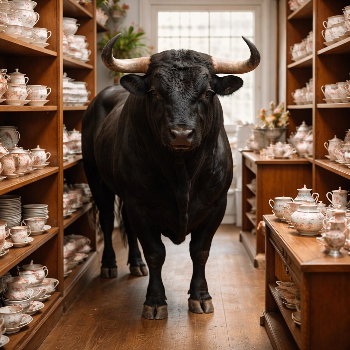 Generated image of a bull in a china shop