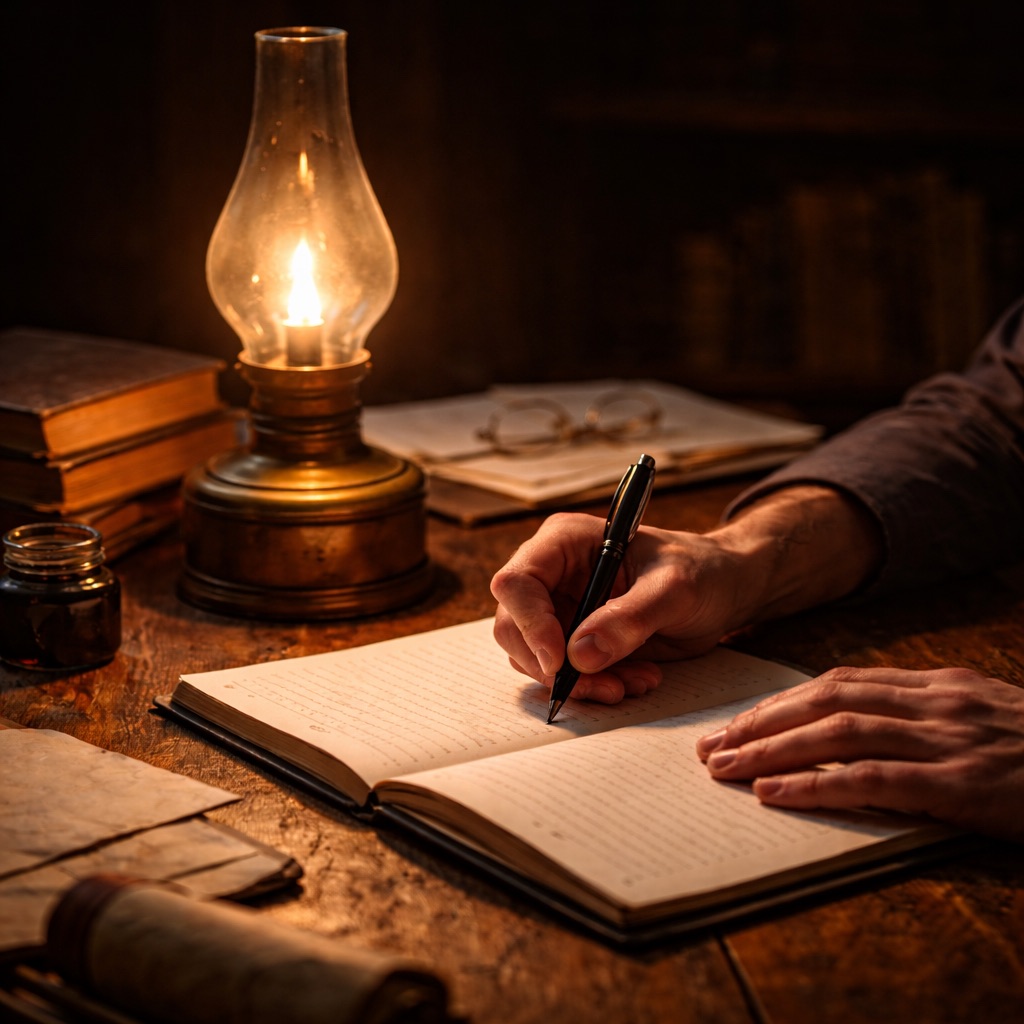 Image of someone writing at night next to an oil lamp