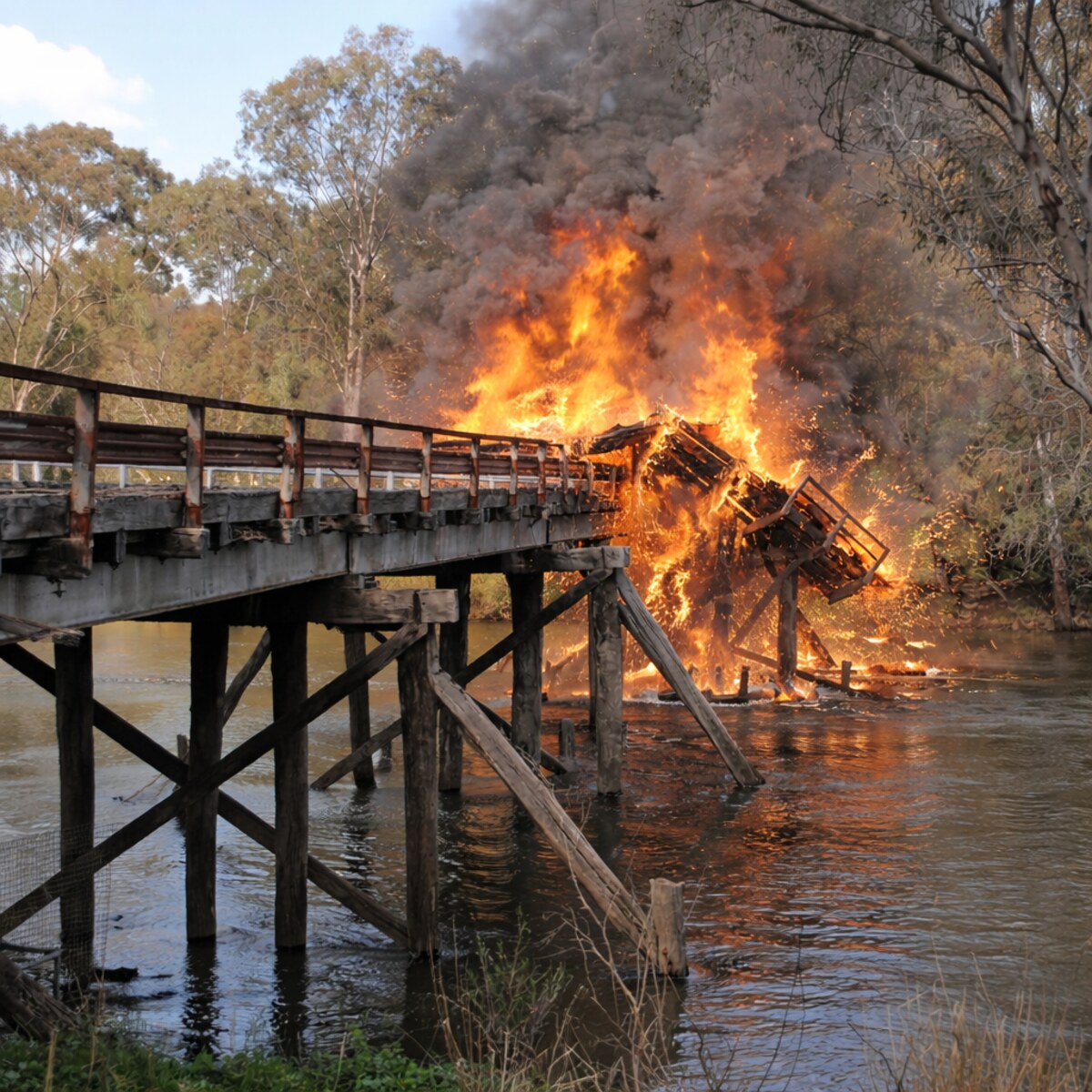 Altered photo of a bridge on fire