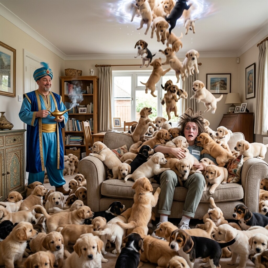 Generated image of a woman wishing for too many puppies