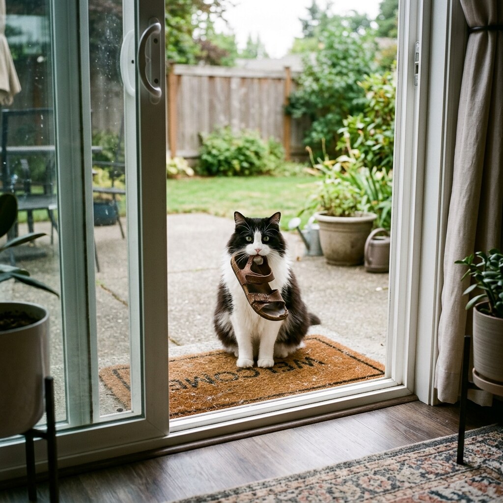 Generated image of a cat with a sandal it has caught