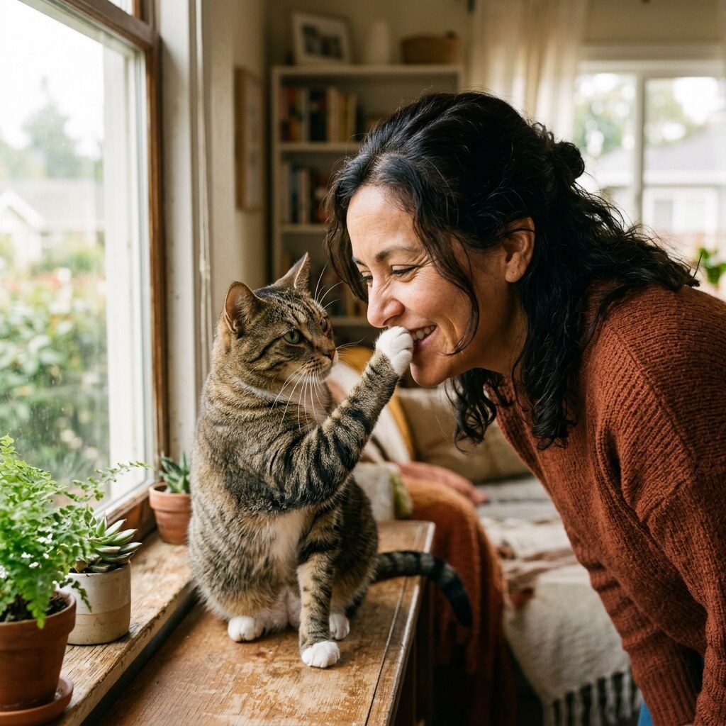 Generated image of a cat stopping a woman talking
