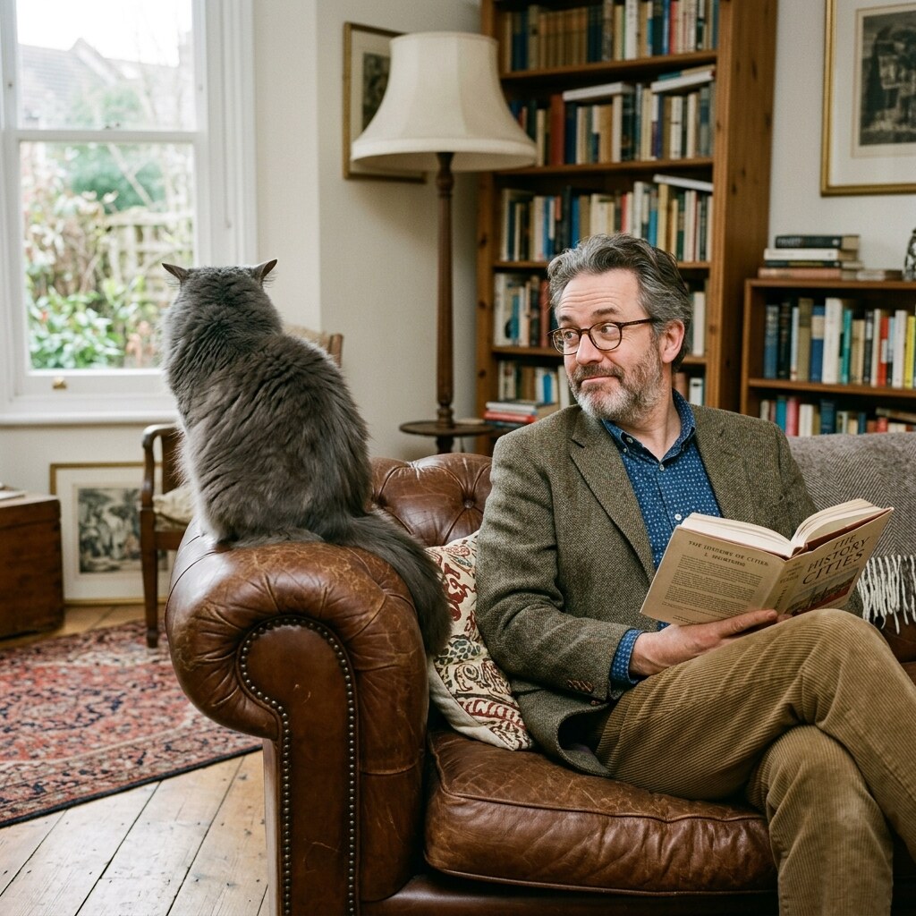 Generated image of a cat giving a man the cold shoulder