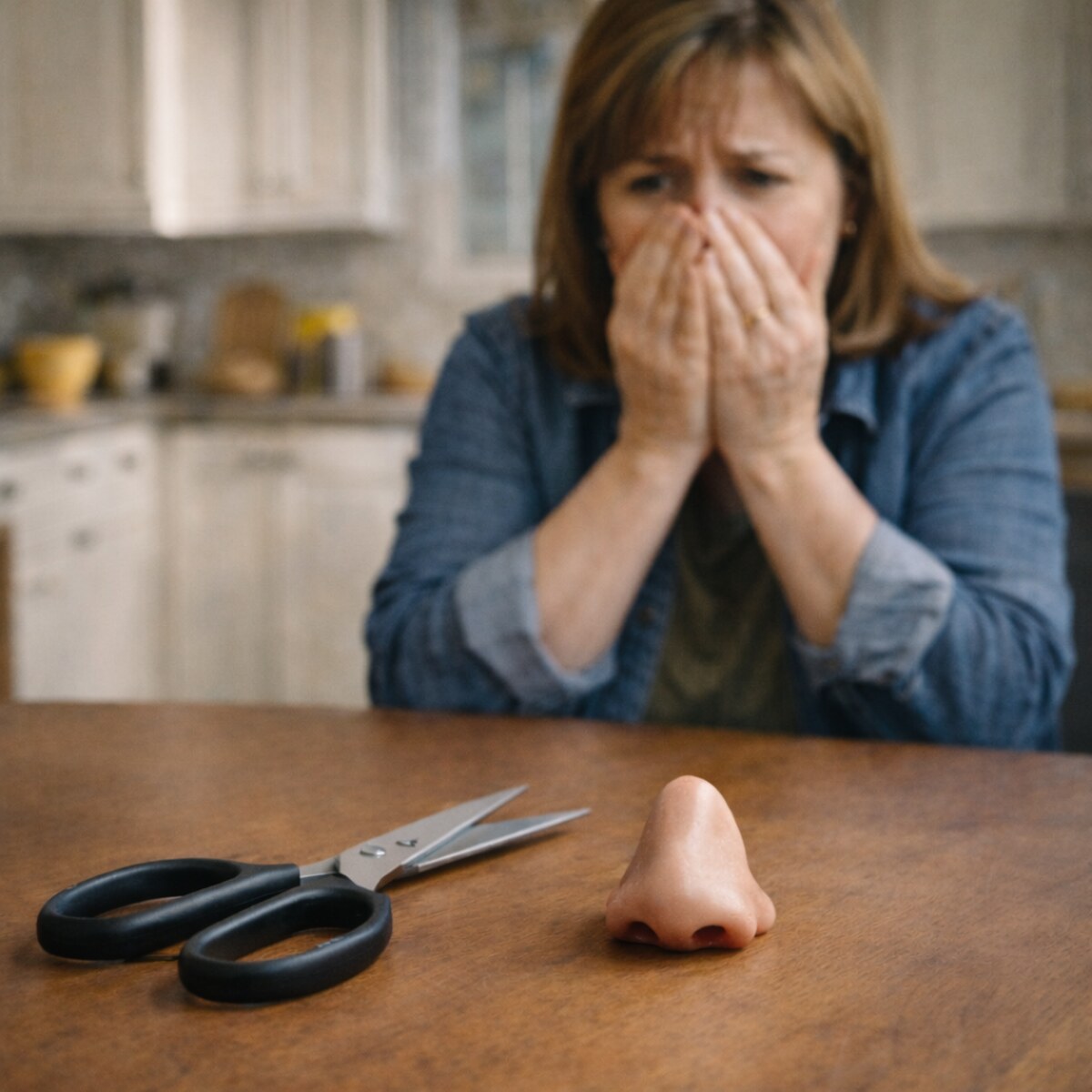 Generated image of a woman cutting off her nose