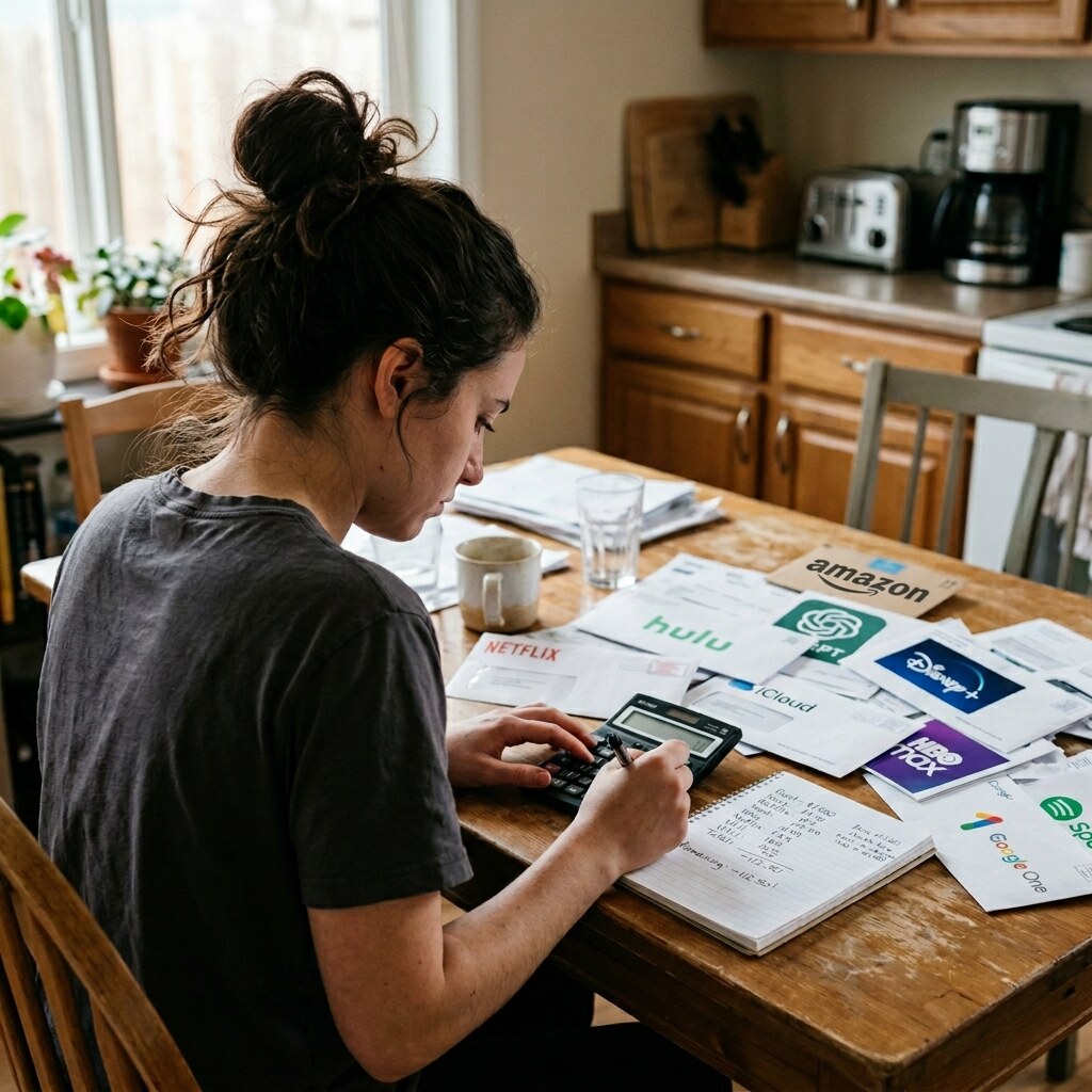 Generated image of a young woman with too many subscriptions