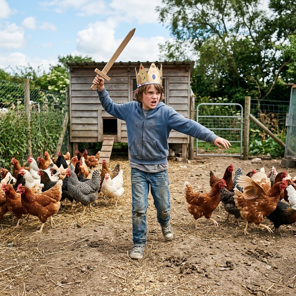 Generated image of a boy dividing and conquering some chickens