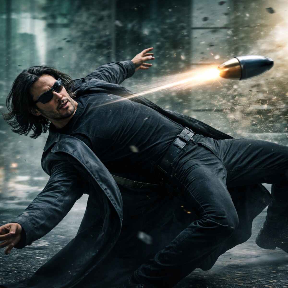 Generated image of a man dodging a bullet